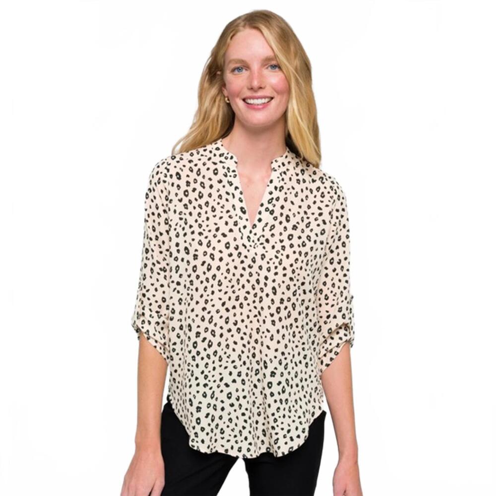 Lush 3/4 Sleeve Split Neck Animal Print Blouse Cream Black Size Medium EUC